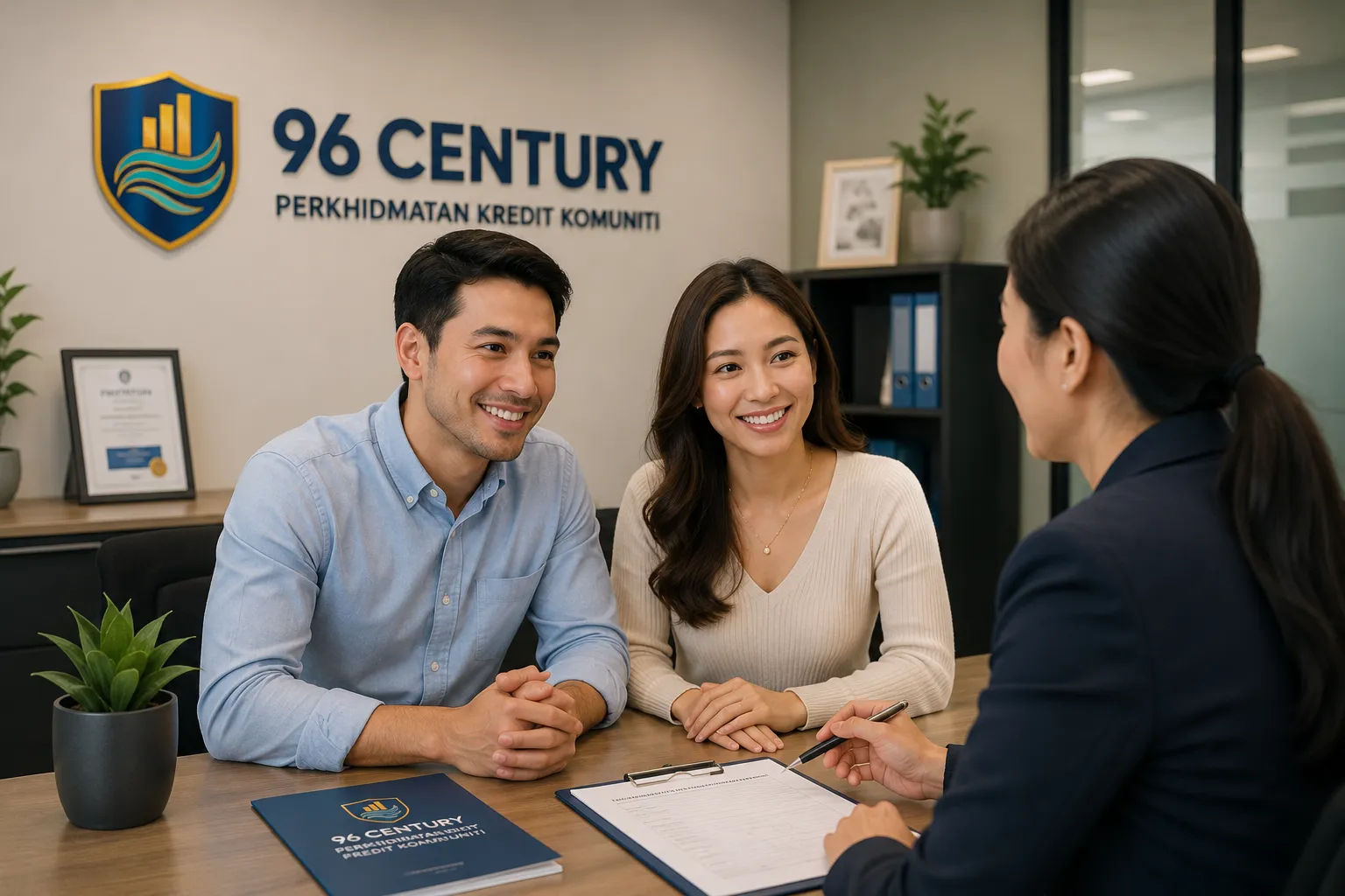 A 96 Century consultant reviewing paperwork with a smiling couple during a consultation.