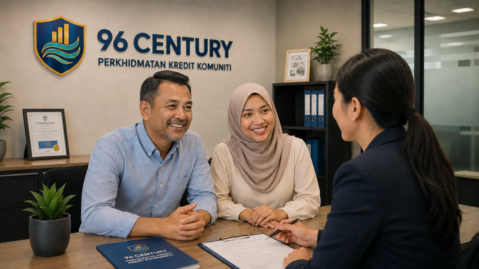 Seorang perunding 96 Century menyemak dokumen bersama pasangan semasa sesi perundingan.