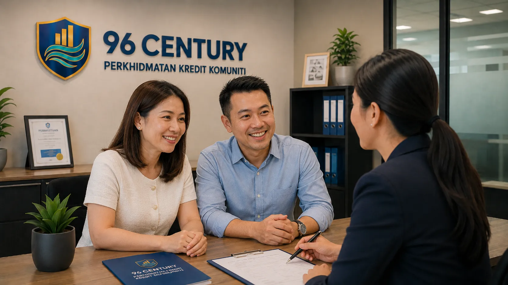 96 Century顾问在咨询时与一对夫妇一起查看文件。