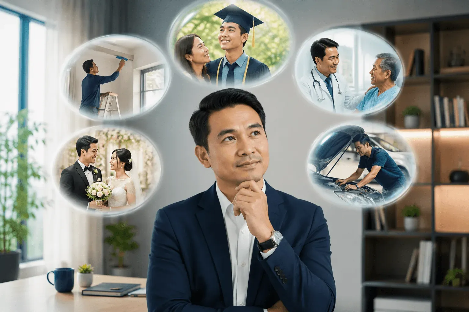 Seorang lelaki mempertimbangkan tujuan pinjaman peribadi seperti pengubahsuaian rumah, pendidikan anak, rawatan ibu bapa, majlis perkahwinan dan pembaikan kereta.